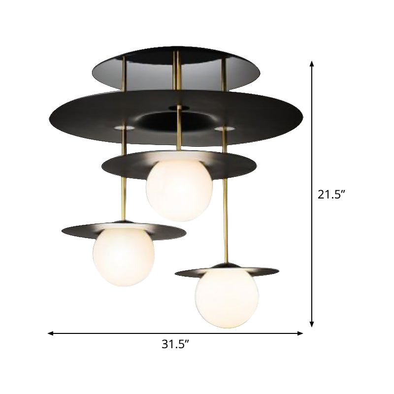 Metal Disk Flush Light Fixture Modernist 3 Bulbs Black Semi Flush Mount Ceiling Lamp with Ball White Glass Shade Clearhalo 'Ceiling Lights' 'Close To Ceiling Lights' 'Close to ceiling' 'Glass shade' 'Glass' 'Semi-flushmount' Lighting' 520599