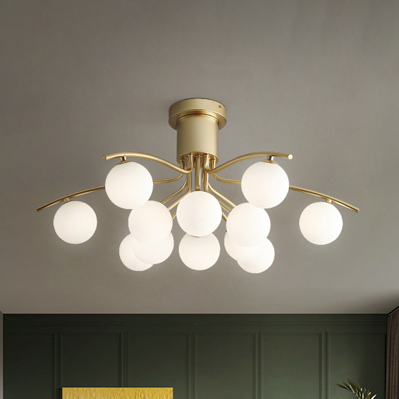 Post-Modern Modo Flush Mount White Glass 12-Head Living Room LED Semi Close to Ceiling Lamp in Brass Clearhalo 'Ceiling Lights' 'Close To Ceiling Lights' 'Close to ceiling' 'Semi-flushmount' Lighting' 520601