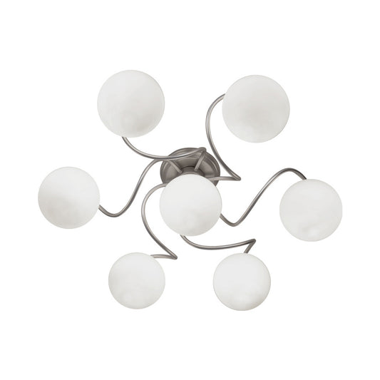 Modern 7-Light Semi Flush Lamp with Frosted White Glass Shade Silver Modo Ceiling Flush Mount, Twisted Arm Clearhalo 'Ceiling Lights' 'Close To Ceiling Lights' 'Close to ceiling' 'Glass shade' 'Glass' 'Semi-flushmount' Lighting' 520612