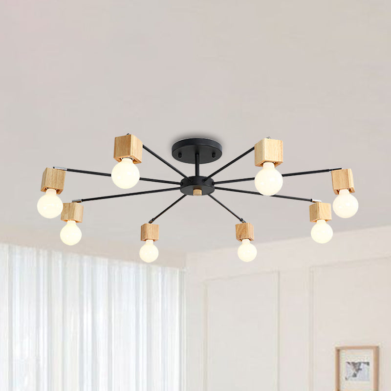 Metal Radial Flush Lamp Contemporary 8-Light Semi Flush Ceiling Light in Black with Cube Wood Cap Black Clearhalo 'Ceiling Lights' 'Close To Ceiling Lights' 'Close to ceiling' 'Glass shade' 'Glass' 'Semi-flushmount' Lighting' 520619