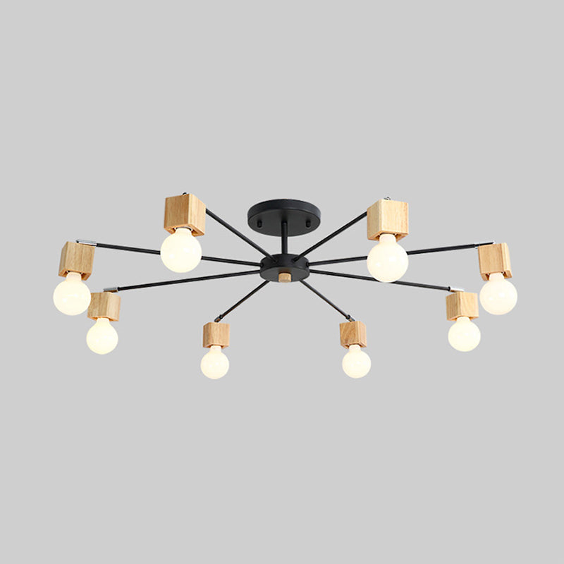 Metal Radial Flush Lamp Contemporary 8-Light Semi Flush Ceiling Light in Black with Cube Wood Cap Clearhalo 'Ceiling Lights' 'Close To Ceiling Lights' 'Close to ceiling' 'Glass shade' 'Glass' 'Semi-flushmount' Lighting' 520622