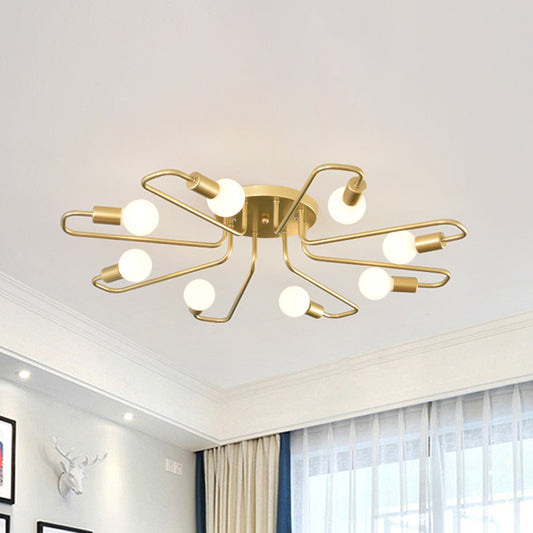 Minimalist Twisted Arm Semi Flush Lighting Metal 8 Heads Living Room Close to Ceiling Lamp in Gold Gold Clearhalo 'Ceiling Lights' 'Close To Ceiling Lights' 'Close to ceiling' 'Glass shade' 'Glass' 'Semi-flushmount' Lighting' 520630