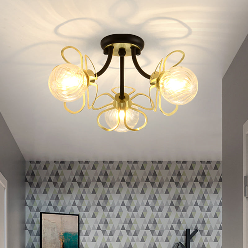 Metal Floral Flush Lighting Modernism 3 Lights Black Semi Ceiling Flush Mount with Modo Clear Prismatic Glass Shade Black Clearhalo 'Ceiling Lights' 'Close To Ceiling Lights' 'Close to ceiling' 'Flush mount' Lighting' 520661