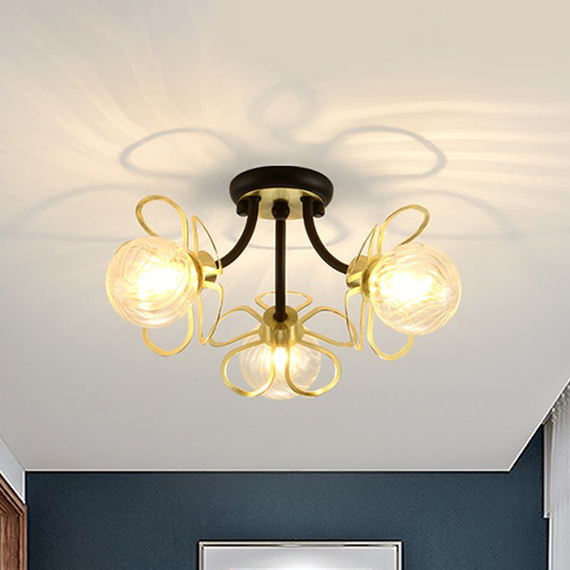 Metal Floral Flush Lighting Modernism 3 Lights Black Semi Ceiling Flush Mount with Modo Clear Prismatic Glass Shade Clearhalo 'Ceiling Lights' 'Close To Ceiling Lights' 'Close to ceiling' 'Flush mount' Lighting' 520662