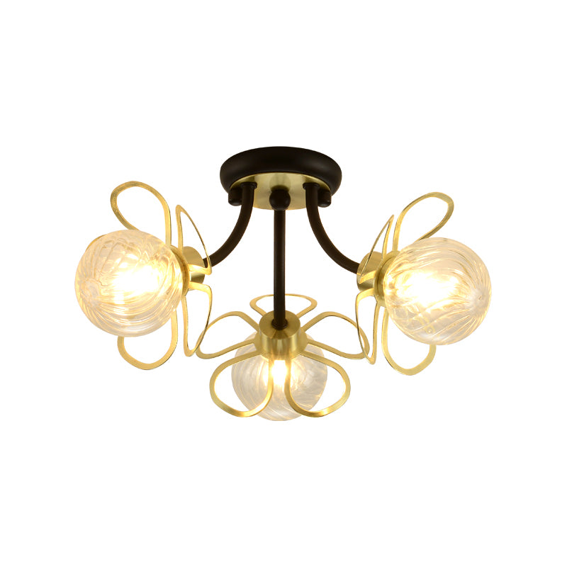 Metal Floral Flush Lighting Modernism 3 Lights Black Semi Ceiling Flush Mount with Modo Clear Prismatic Glass Shade Clearhalo 'Ceiling Lights' 'Close To Ceiling Lights' 'Close to ceiling' 'Flush mount' Lighting' 520663