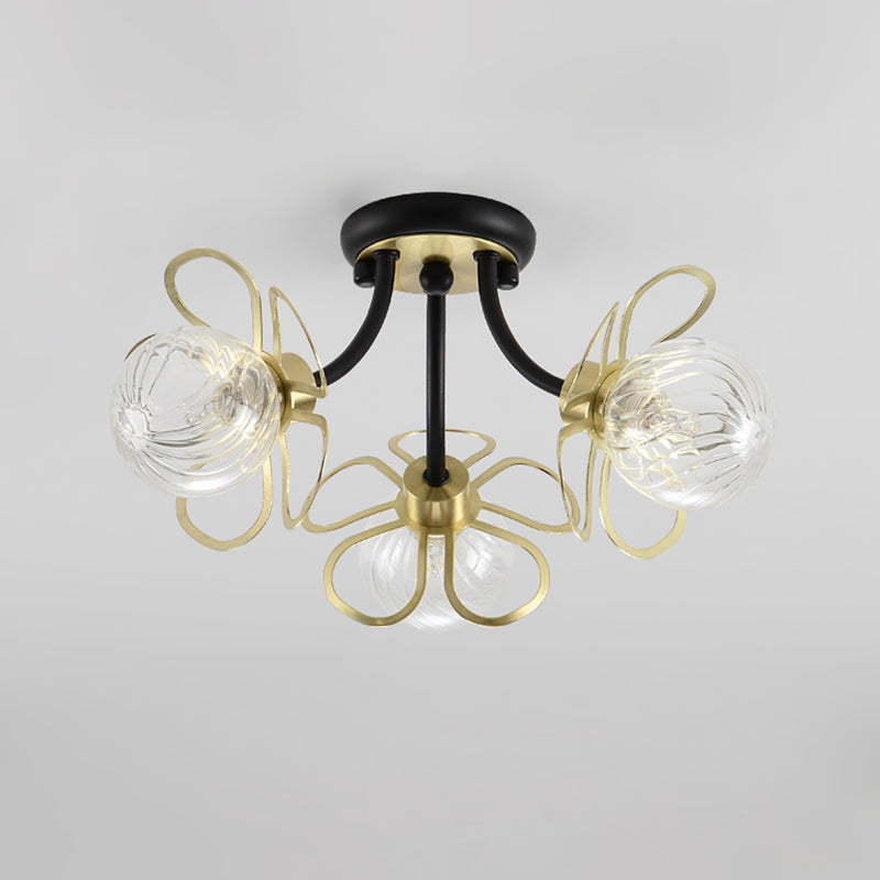 Metal Floral Flush Lighting Modernism 3 Lights Black Semi Ceiling Flush Mount with Modo Clear Prismatic Glass Shade Clearhalo 'Ceiling Lights' 'Close To Ceiling Lights' 'Close to ceiling' 'Flush mount' Lighting' 520664