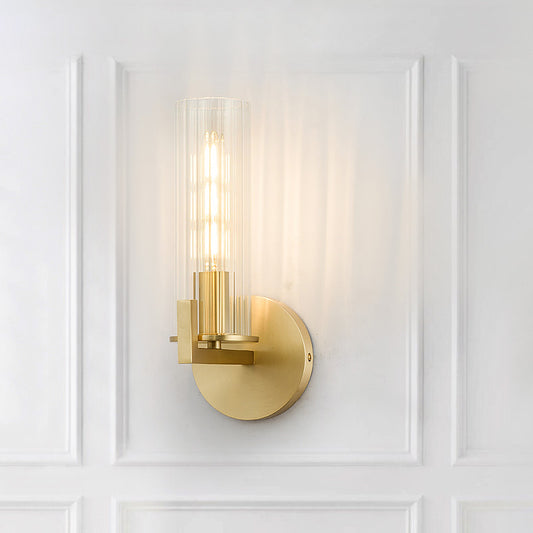 Brass Cylinder Wall Light Sconce Post Modern 1 Head Clear Glass Wall Mount Lamp for Bedside Brass Clearhalo 'Cast Iron' 'Glass' 'Industrial' 'Modern wall lights' 'Modern' 'Tiffany' 'Traditional wall lights' 'Wall Lamps & Sconces' 'Wall Lights' Lighting' 520676