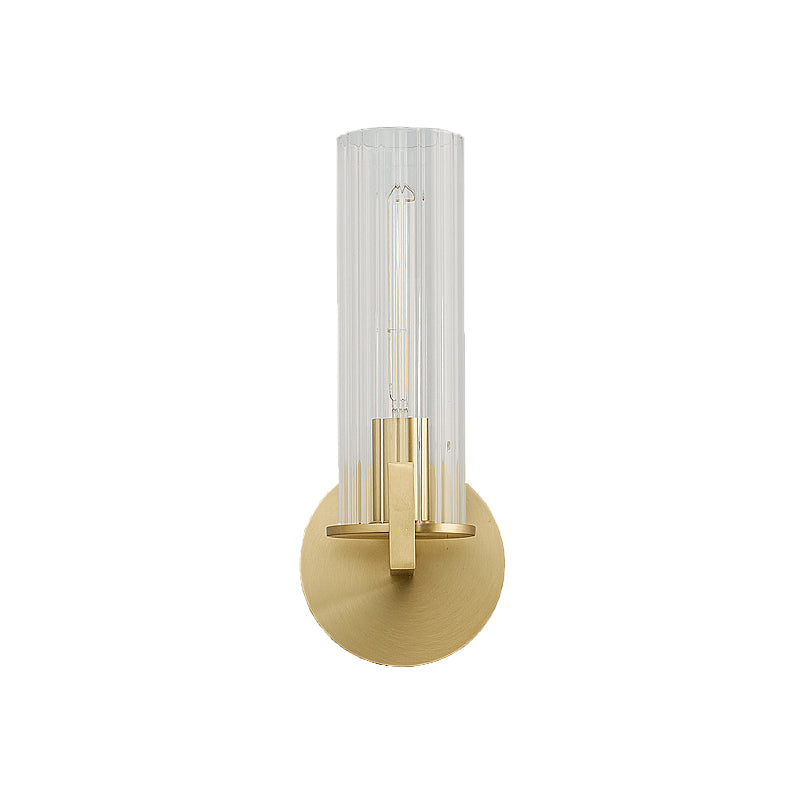 Brass Cylinder Wall Light Sconce Post Modern 1 Head Clear Glass Wall Mount Lamp for Bedside Clearhalo 'Cast Iron' 'Glass' 'Industrial' 'Modern wall lights' 'Modern' 'Tiffany' 'Traditional wall lights' 'Wall Lamps & Sconces' 'Wall Lights' Lighting' 520678