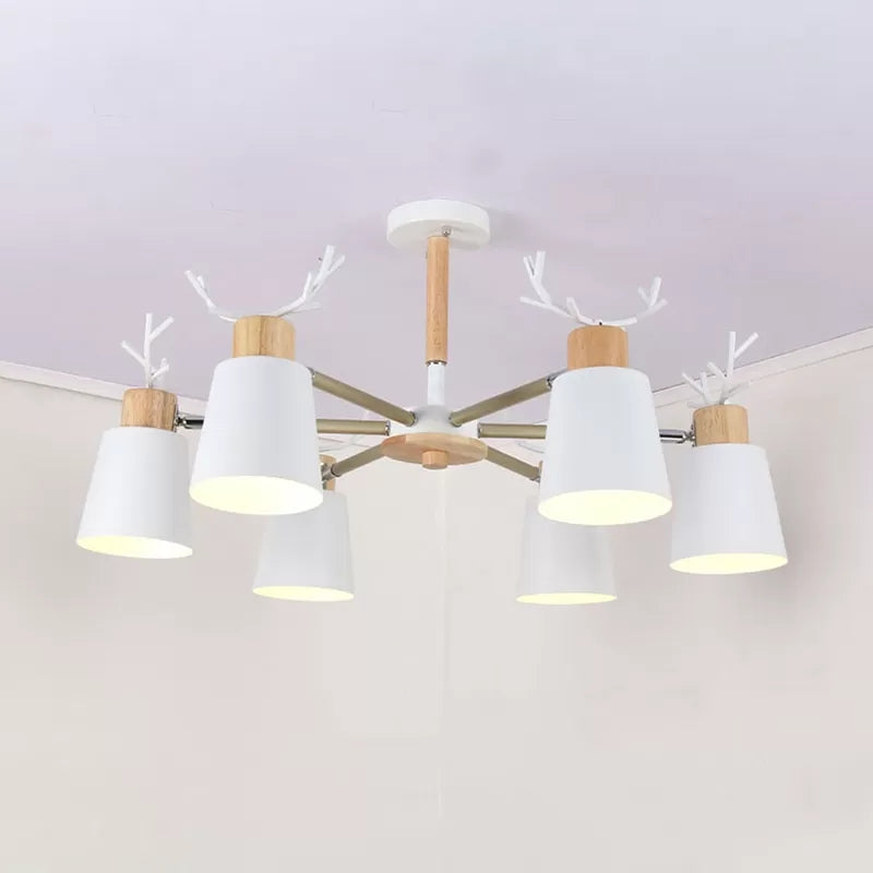 Metal Bucket Hanging Light with Antlers Nordic Style Chandelier in White for Living Room 6 White Clearhalo 'Ceiling Lights' 'Chandeliers' Lighting' options 52067_4d6476a3-6a2e-4a12-8711-16745253e917