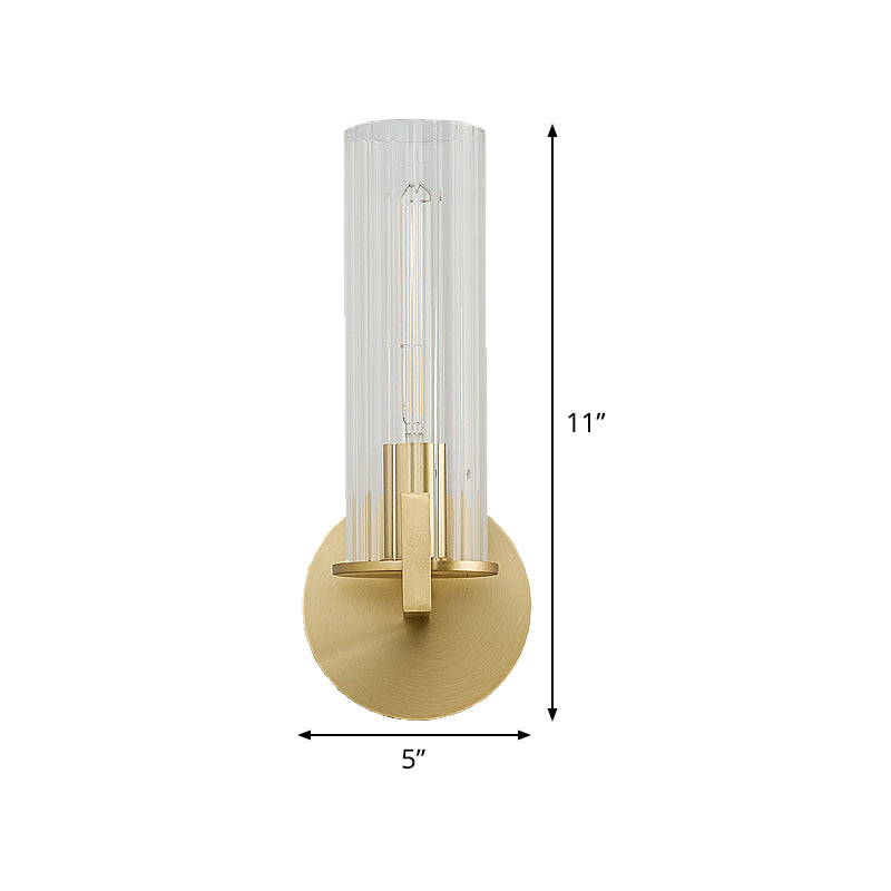 Brass Cylinder Wall Light Sconce Post Modern 1 Head Clear Glass Wall Mount Lamp for Bedside Clearhalo 'Cast Iron' 'Glass' 'Industrial' 'Modern wall lights' 'Modern' 'Tiffany' 'Traditional wall lights' 'Wall Lamps & Sconces' 'Wall Lights' Lighting' 520680