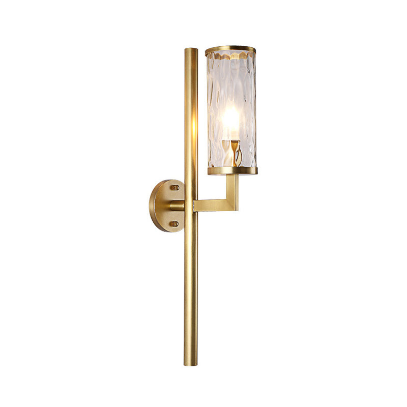 Modernist Cylinder Sconce Light Fixture Clear Water Glass 1 Light Corner Wall Lamp in Brass with Pencil Arm Clearhalo 'Cast Iron' 'Glass' 'Industrial' 'Modern wall lights' 'Modern' 'Tiffany' 'Traditional wall lights' 'Wall Lamps & Sconces' 'Wall Lights' Lighting' 520683