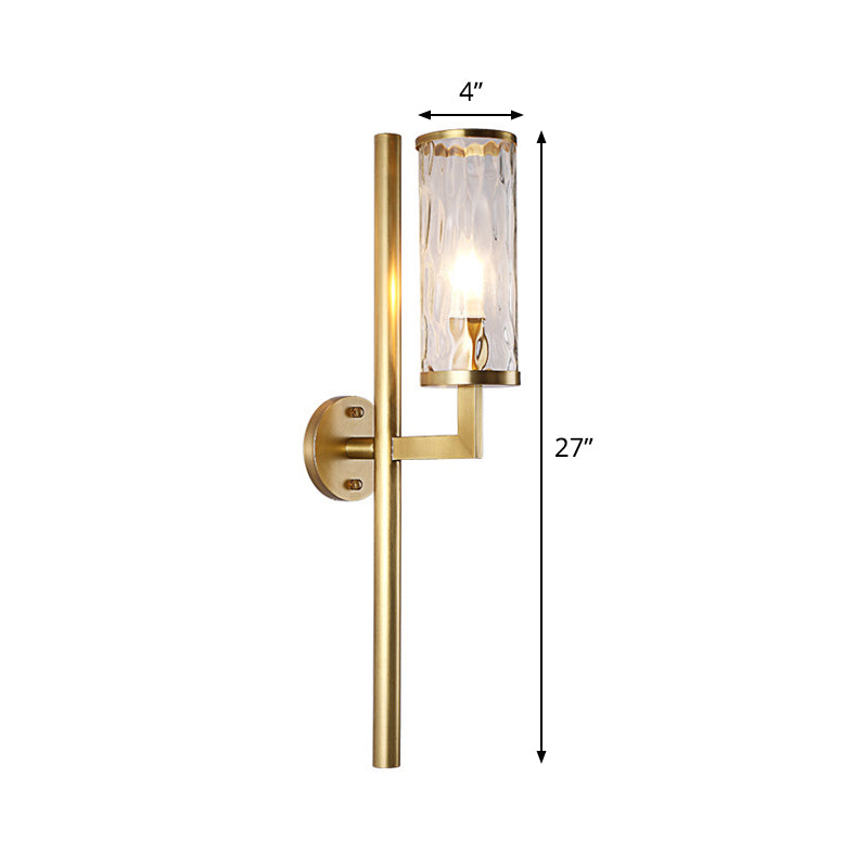 Modernist Cylinder Sconce Light Fixture Clear Water Glass 1 Light Corner Wall Lamp in Brass with Pencil Arm Clearhalo 'Cast Iron' 'Glass' 'Industrial' 'Modern wall lights' 'Modern' 'Tiffany' 'Traditional wall lights' 'Wall Lamps & Sconces' 'Wall Lights' Lighting' 520685