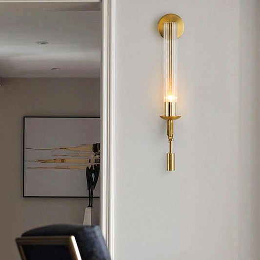 1-Head Bathroom Wall Mounted Lamp Minimalist Gold Sconce with Tubular Clear Glass Shade Gold Clearhalo 'Cast Iron' 'Glass' 'Industrial' 'Modern wall lights' 'Modern' 'Tiffany' 'Traditional wall lights' 'Wall Lamps & Sconces' 'Wall Lights' Lighting' 520686