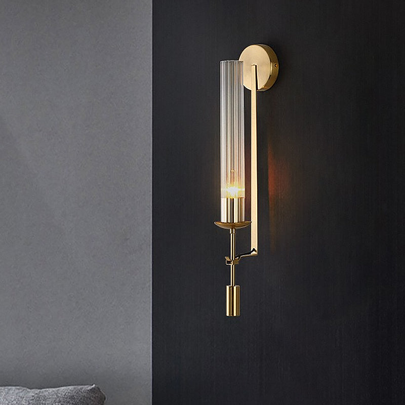 1-Head Bathroom Wall Mounted Lamp Minimalist Gold Sconce with Tubular Clear Glass Shade Clearhalo 'Cast Iron' 'Glass' 'Industrial' 'Modern wall lights' 'Modern' 'Tiffany' 'Traditional wall lights' 'Wall Lamps & Sconces' 'Wall Lights' Lighting' 520687