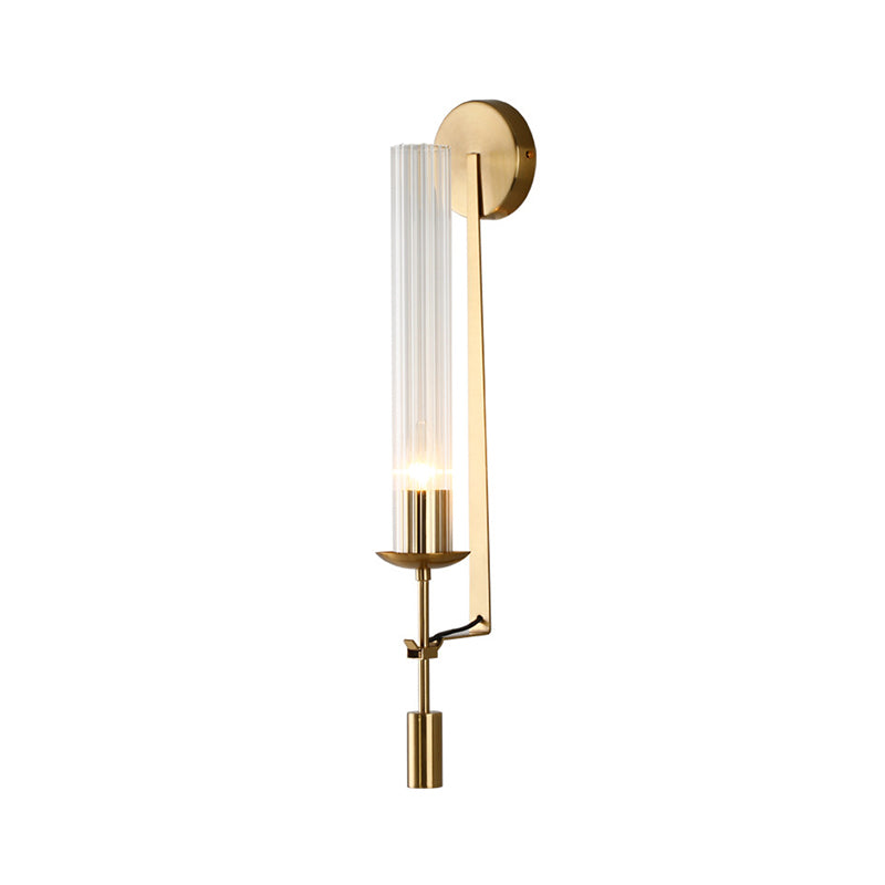 1-Head Bathroom Wall Mounted Lamp Minimalist Gold Sconce with Tubular Clear Glass Shade Clearhalo 'Cast Iron' 'Glass' 'Industrial' 'Modern wall lights' 'Modern' 'Tiffany' 'Traditional wall lights' 'Wall Lamps & Sconces' 'Wall Lights' Lighting' 520688