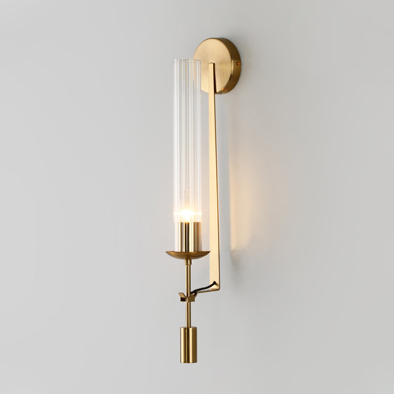 1-Head Bathroom Wall Mounted Lamp Minimalist Gold Sconce with Tubular Clear Glass Shade Clearhalo 'Cast Iron' 'Glass' 'Industrial' 'Modern wall lights' 'Modern' 'Tiffany' 'Traditional wall lights' 'Wall Lamps & Sconces' 'Wall Lights' Lighting' 520689