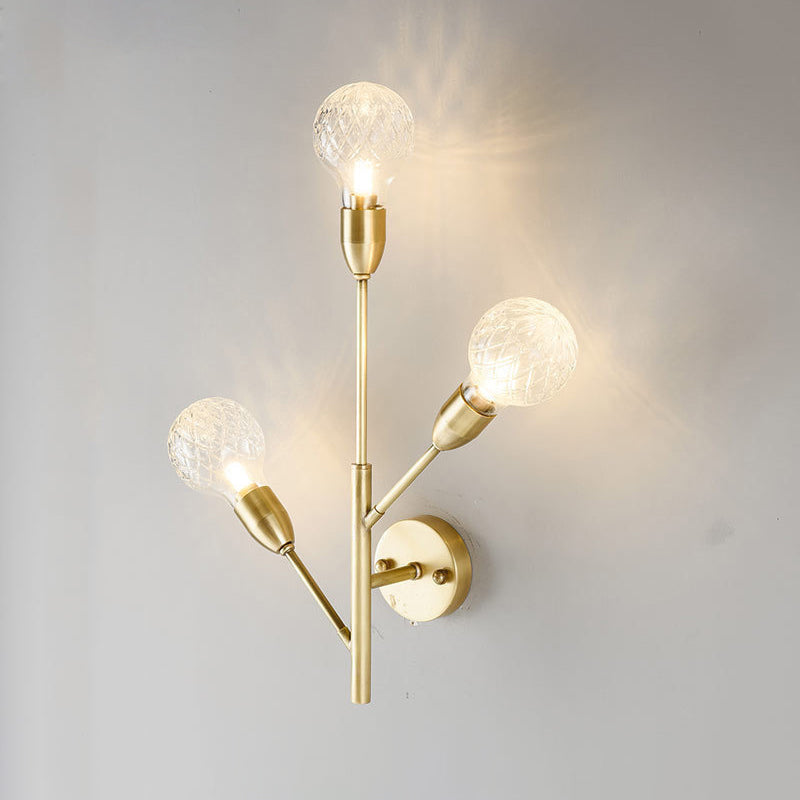 Globe Clear Lattice Glass Wall Light Fixture Post Modern 3 Lights Brass Sconce Lamp with Branch Design Clearhalo 'Cast Iron' 'Glass' 'Industrial' 'Modern wall lights' 'Modern' 'Tiffany' 'Traditional wall lights' 'Wall Lamps & Sconces' 'Wall Lights' Lighting' 520699