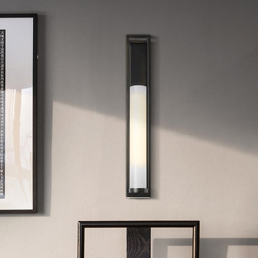 White Glass Tubular Wall Mount Light Modern 1-Bulb Black Wall Lamp Sconce with Rectangle Backplate Black Clearhalo 'Cast Iron' 'Glass' 'Industrial' 'Modern wall lights' 'Modern' 'Tiffany' 'Traditional wall lights' 'Wall Lamps & Sconces' 'Wall Lights' Lighting' 520701