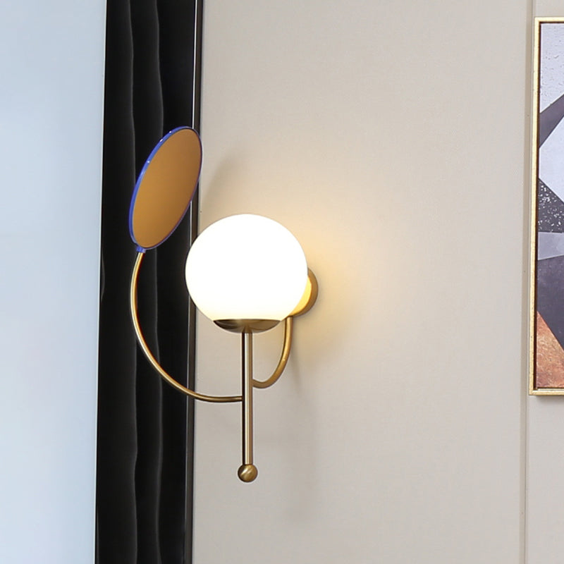 Black Round Wall Lighting Contemporary 1 Light White Frosted Glass Sconce with Mirror Deco for Bedside Clearhalo 'Cast Iron' 'Glass' 'Industrial' 'Modern wall lights' 'Modern' 'Tiffany' 'Traditional wall lights' 'Wall Lamps & Sconces' 'Wall Lights' Lighting' 520707