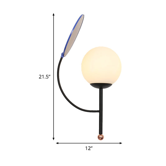 Black Round Wall Lighting Contemporary 1 Light White Frosted Glass Sconce with Mirror Deco for Bedside Clearhalo 'Cast Iron' 'Glass' 'Industrial' 'Modern wall lights' 'Modern' 'Tiffany' 'Traditional wall lights' 'Wall Lamps & Sconces' 'Wall Lights' Lighting' 520710