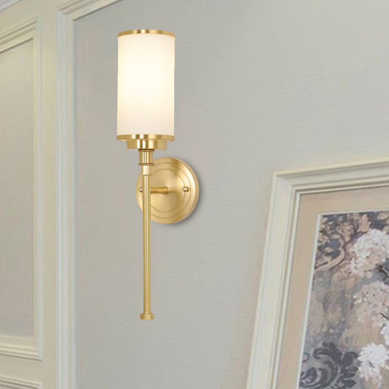 Post Modern Cylindrical Wall Light Sconce Milky Glass 1-Head Living Room Wall Mounted Lamp in Gold with Straight Arm Clearhalo 'Cast Iron' 'Glass' 'Industrial' 'Modern wall lights' 'Modern' 'Tiffany' 'Traditional wall lights' 'Wall Lamps & Sconces' 'Wall Lights' Lighting' 520712