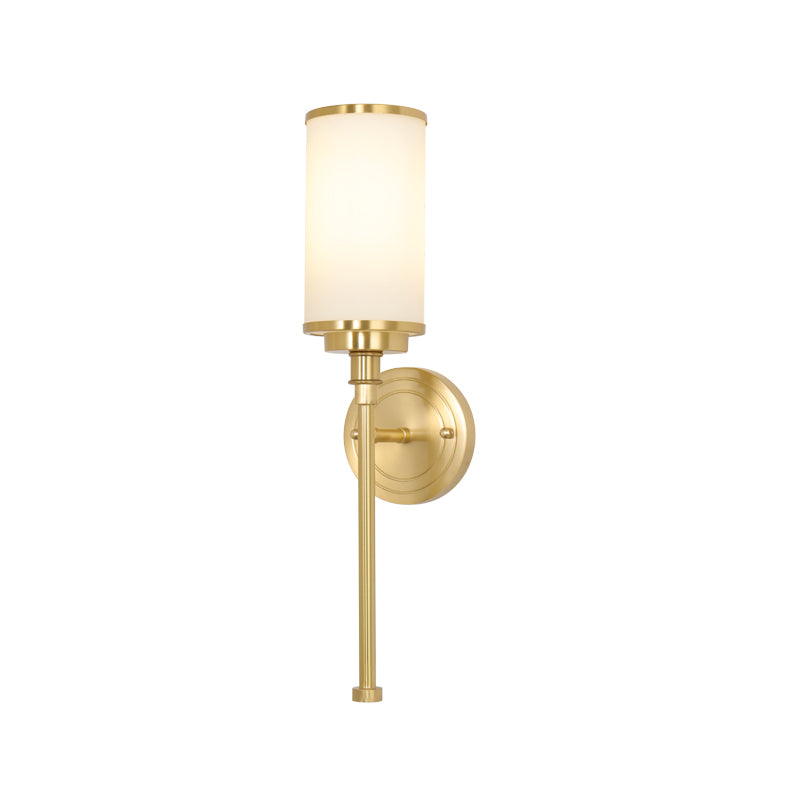 Post Modern Cylindrical Wall Light Sconce Milky Glass 1-Head Living Room Wall Mounted Lamp in Gold with Straight Arm Clearhalo 'Cast Iron' 'Glass' 'Industrial' 'Modern wall lights' 'Modern' 'Tiffany' 'Traditional wall lights' 'Wall Lamps & Sconces' 'Wall Lights' Lighting' 520713