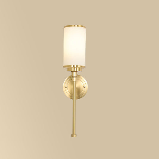 Post Modern Cylindrical Wall Light Sconce Milky Glass 1-Head Living Room Wall Mounted Lamp in Gold with Straight Arm Clearhalo 'Cast Iron' 'Glass' 'Industrial' 'Modern wall lights' 'Modern' 'Tiffany' 'Traditional wall lights' 'Wall Lamps & Sconces' 'Wall Lights' Lighting' 520714