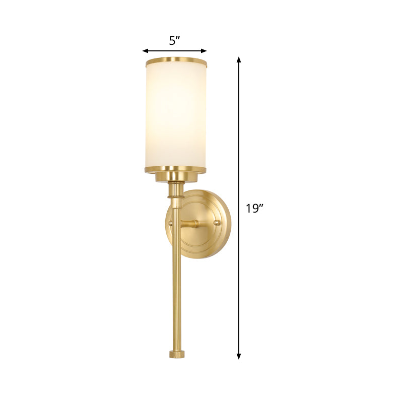 Post Modern Cylindrical Wall Light Sconce Milky Glass 1-Head Living Room Wall Mounted Lamp in Gold with Straight Arm Clearhalo 'Cast Iron' 'Glass' 'Industrial' 'Modern wall lights' 'Modern' 'Tiffany' 'Traditional wall lights' 'Wall Lamps & Sconces' 'Wall Lights' Lighting' 520715