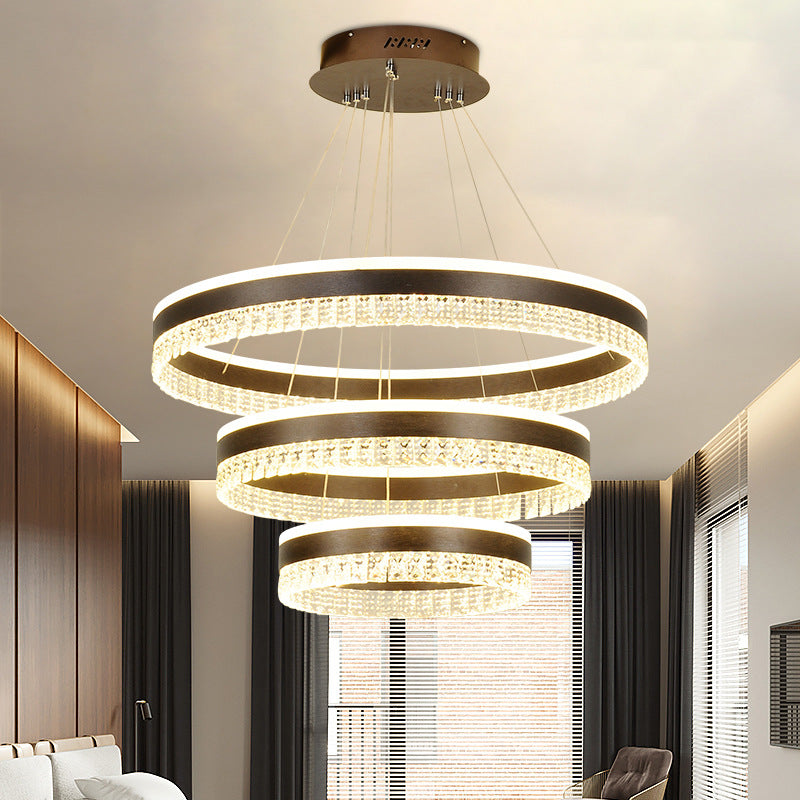 Round Crystal Pendant Chandelier Contemporary 1/2/3 Lights Brown Led Hanging Ceiling Light in White/Warm/Natural Light 3 Brown Clearhalo 'Ceiling Lights' 'Chandeliers' 'Modern Chandeliers' 'Modern' Lighting' 520809