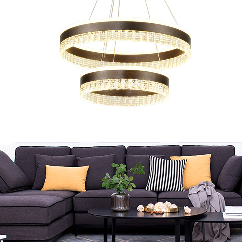 Round Crystal Pendant Chandelier Contemporary 1/2/3 Lights Brown Led Hanging Ceiling Light in White/Warm/Natural Light 2 Brown Clearhalo 'Ceiling Lights' 'Chandeliers' 'Modern Chandeliers' 'Modern' Lighting' 520813