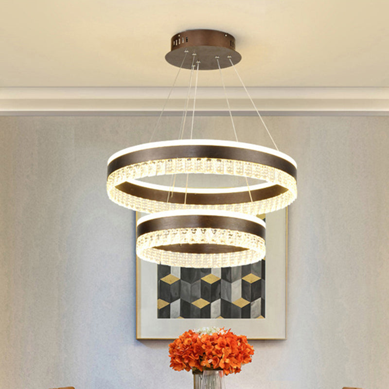 Round Crystal Pendant Chandelier Contemporary 1/2/3 Lights Brown Led Hanging Ceiling Light in White/Warm/Natural Light Clearhalo 'Ceiling Lights' 'Chandeliers' 'Modern Chandeliers' 'Modern' Lighting' 520814