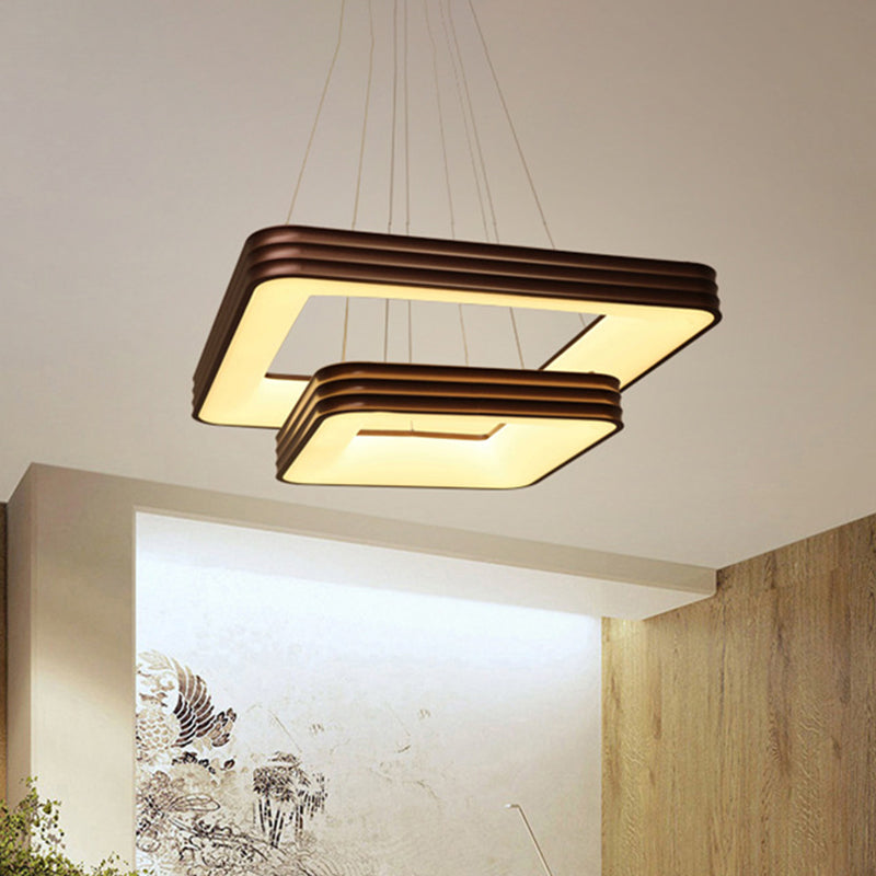 2 Tier Square Metal Chandelier Lamp Modernist Led Brown Ceiling Hung Fixture for Living Room in White/Warm/Natural Light Clearhalo 'Ceiling Lights' 'Chandeliers' 'Modern Chandeliers' 'Modern' Lighting' 520824