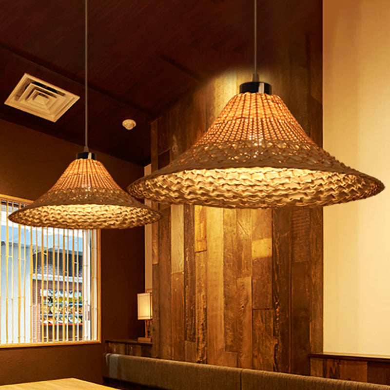 Yellow Bamboo Hat Shape Pendant Asian Style 1 Light Rattan Hanging Ceiling Lamp for Restaurant Clearhalo 'Ceiling Lights' 'Pendant Lights' 'Pendants' Lighting' 520875