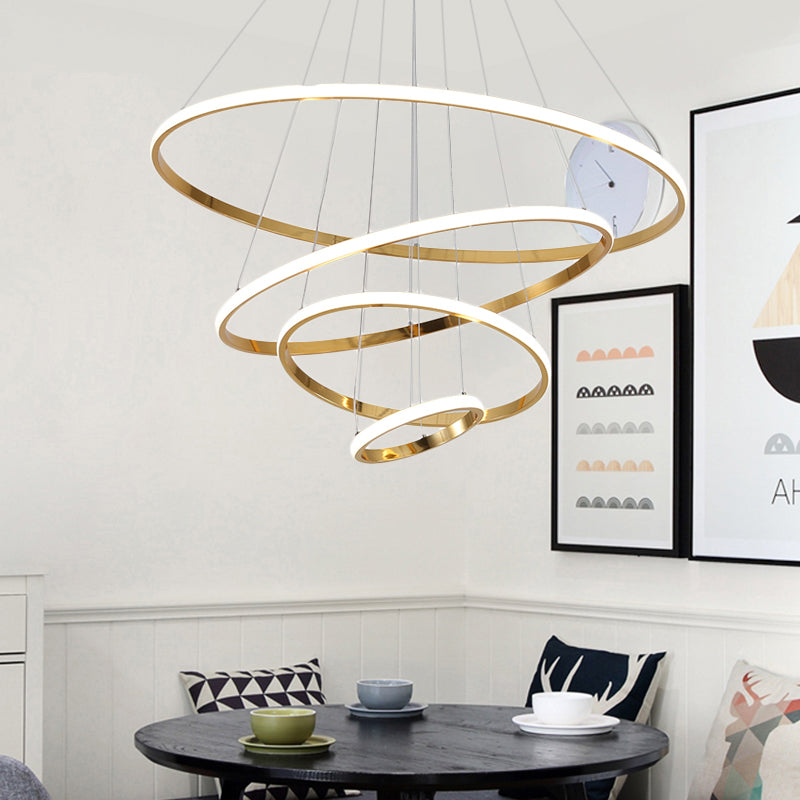 3/4 Lights Living Room Chandelier with Ring Acrylic Shade Modern Gold/Chrome Led Hanging Light Fixture in Warm Light 4 Gold Clearhalo 'Ceiling Lights' 'Chandeliers' 'Modern Chandeliers' 'Modern' Lighting' 520895