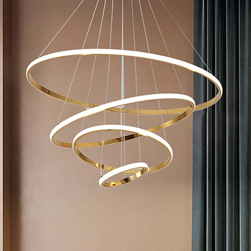 3/4 Lights Living Room Chandelier with Ring Acrylic Shade Modern Gold/Chrome Led Hanging Light Fixture in Warm Light Clearhalo 'Ceiling Lights' 'Chandeliers' 'Modern Chandeliers' 'Modern' Lighting' 520896