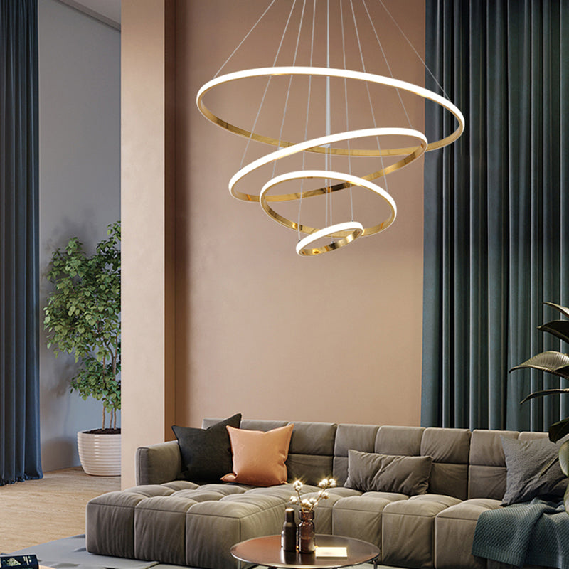 3/4 Lights Living Room Chandelier with Ring Acrylic Shade Modern Gold/Chrome Led Hanging Light Fixture in Warm Light Clearhalo 'Ceiling Lights' 'Chandeliers' 'Modern Chandeliers' 'Modern' Lighting' 520897