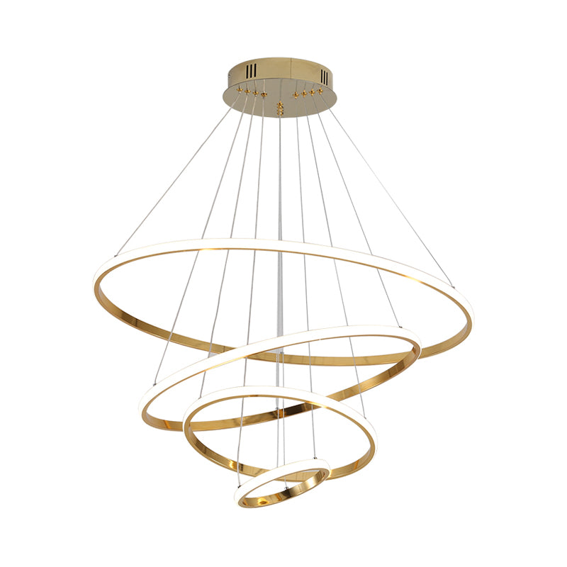 3/4 Lights Living Room Chandelier with Ring Acrylic Shade Modern Gold/Chrome Led Hanging Light Fixture in Warm Light Clearhalo 'Ceiling Lights' 'Chandeliers' 'Modern Chandeliers' 'Modern' Lighting' 520898