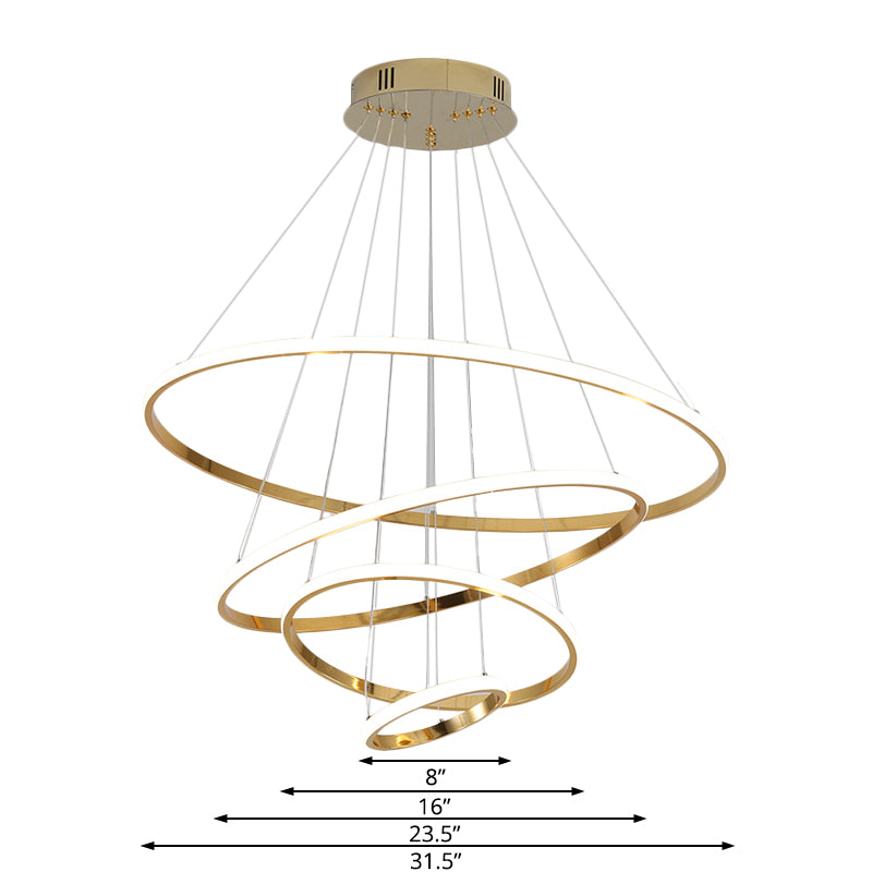 3/4 Lights Living Room Chandelier with Ring Acrylic Shade Modern Gold/Chrome Led Hanging Light Fixture in Warm Light Clearhalo 'Ceiling Lights' 'Chandeliers' 'Modern Chandeliers' 'Modern' Lighting' 520899