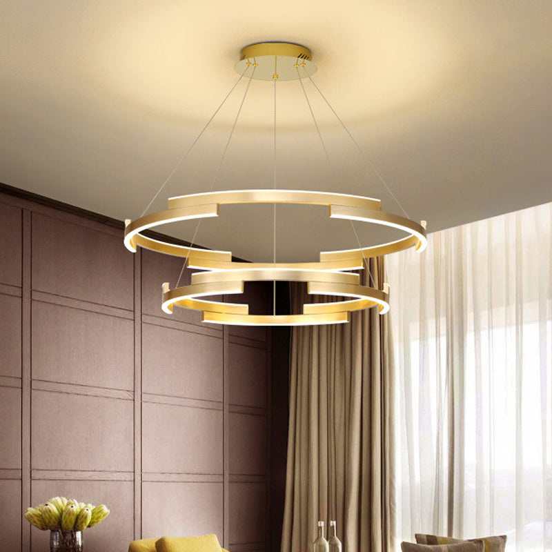 Round Metal Chandelier Lighting Contemporary 1/2/3 Lights Gold Led Hanging Ceiling Light in White/Warm Light 2 Gold Clearhalo 'Ceiling Lights' 'Chandeliers' 'Modern Chandeliers' 'Modern' Lighting' 520911