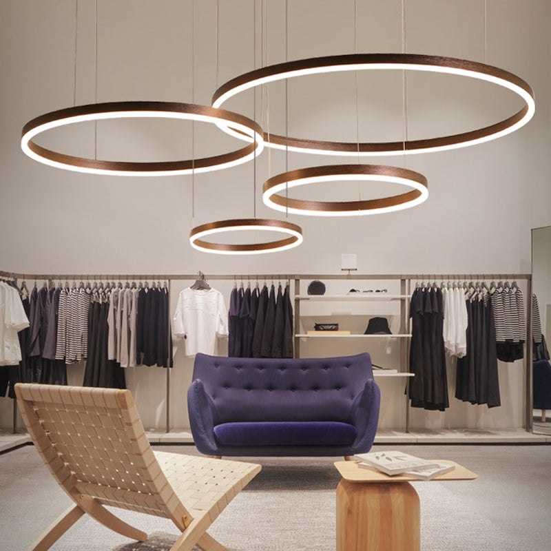 Coffee Circular Chandelier Lamp Modernist 1/3/4 Lights Metal Led Hanging Ceiling Light Fixture in White/Warm Light 4 Coffee Clearhalo 'Ceiling Lights' 'Chandeliers' 'Modern Chandeliers' 'Modern' Lighting' 520927