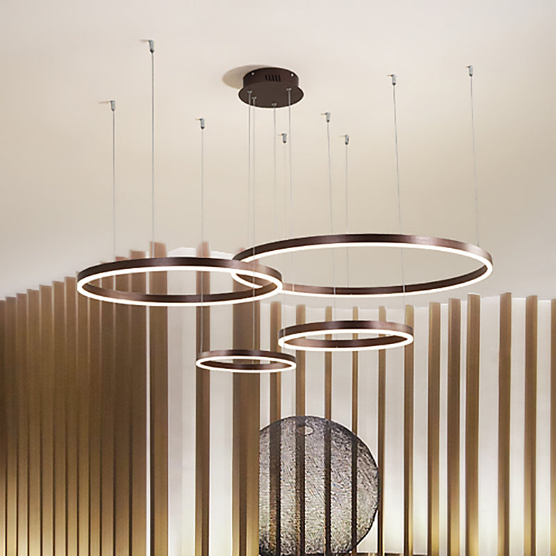 Coffee Circular Chandelier Lamp Modernist 1/3/4 Lights Metal Led Hanging Ceiling Light Fixture in White/Warm Light Clearhalo 'Ceiling Lights' 'Chandeliers' 'Modern Chandeliers' 'Modern' Lighting' 520928