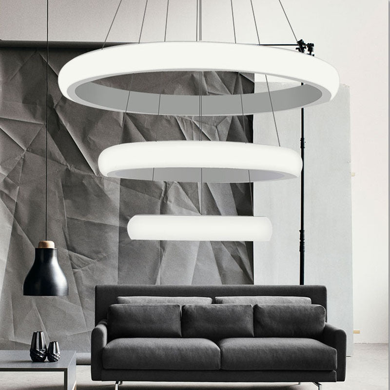 White Doughnut Chandelier Lamp Modernist 1/2/3 Lights Acrylic Led Ceiling Pendant Fixture in White/Warm Light 3 White Clearhalo 'Ceiling Lights' 'Chandeliers' 'Modern Chandeliers' 'Modern' Lighting' 520979