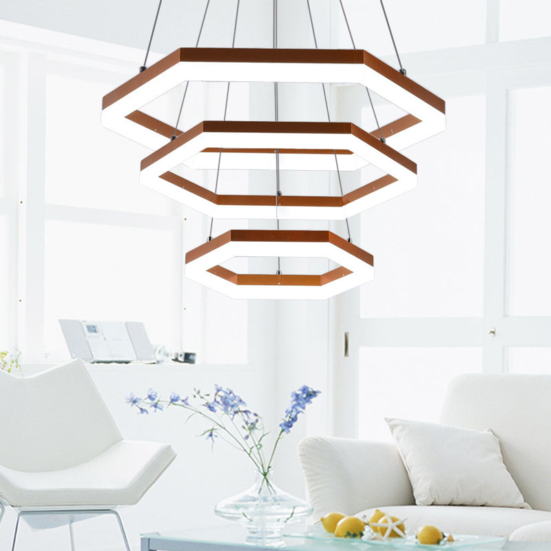 Hexagon Acrylic Chandelier Lighting Contemporary 1/2/3 Lights Khaki Led Hanging Ceiling Light in White/Warm Light 3 Khaki Clearhalo 'Ceiling Lights' 'Chandeliers' 'Modern Chandeliers' 'Modern' Lighting' 521000