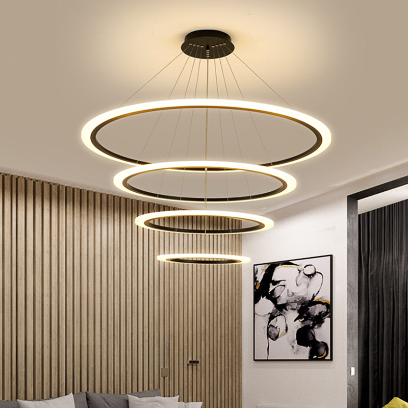 Ring Pendant Chandelier Contemporary Acrylic 1/2/3 Lights Gold Led Hanging Light Fixture in White/Warm Light 4 Black Clearhalo 'Ceiling Lights' 'Chandeliers' 'Modern Chandeliers' 'Modern' Lighting' 521004