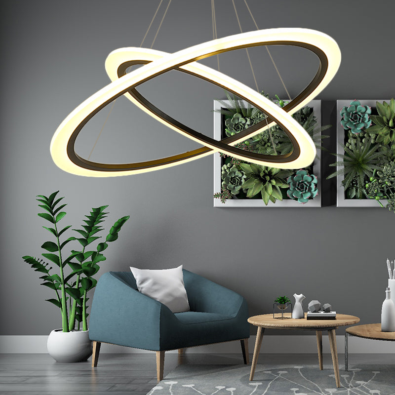 Ring Pendant Chandelier Contemporary Acrylic 1/2/3 Lights Gold Led Hanging Light Fixture in White/Warm Light 2 Black Clearhalo 'Ceiling Lights' 'Chandeliers' 'Modern Chandeliers' 'Modern' Lighting' 521014