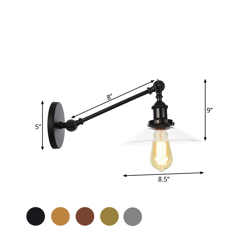 1 Light Indoor Sconce Light Vintage Black/Brass/Bronze Lighting Fixture with Cone Clear Glass Shade, 8"/12" L Arm Clearhalo 'Art deco wall lights' 'Cast Iron' 'Glass' 'Industrial wall lights' 'Industrial' 'Middle century wall lights' 'Modern' 'Rustic wall lights' 'Tiffany' 'Traditional wall lights' 'Wall Lamps & Sconces' 'Wall Lights' Lighting' 521073