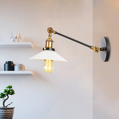 Industrial Conical Sconce Light 1 Light Opal Glass Wall Lamp in Black/Bronze/Brass with Arm, 8"/12" L Brass 8" Clearhalo 'Art deco wall lights' 'Cast Iron' 'Glass' 'Industrial wall lights' 'Industrial' 'Middle century wall lights' 'Modern' 'Rustic wall lights' 'Tiffany' 'Traditional wall lights' 'Wall Lamps & Sconces' 'Wall Lights' Lighting' 521104