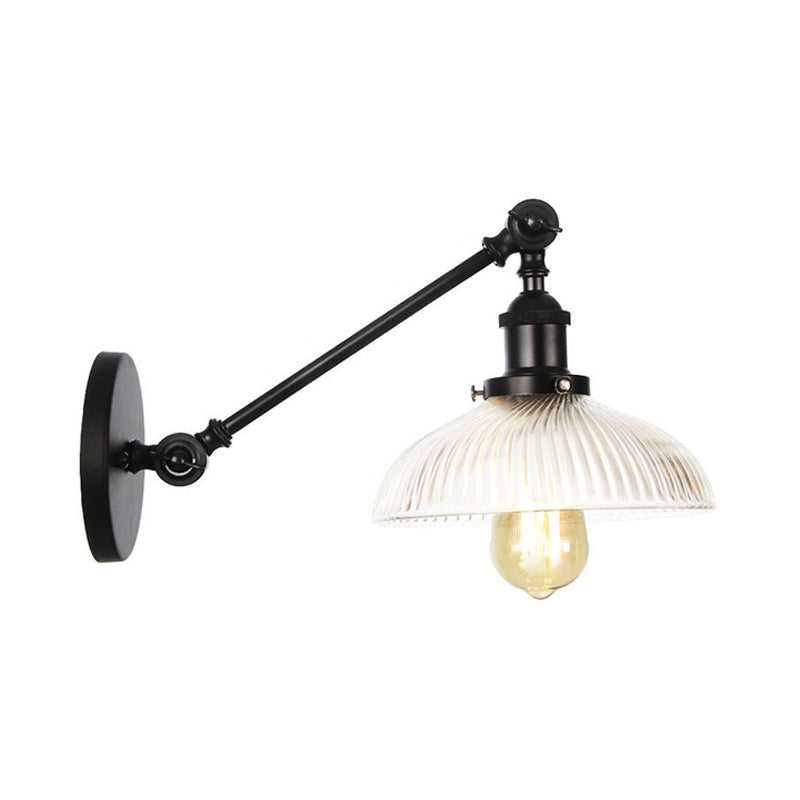 Black/Bronze/Brass 1 Light Wall Mounted Light Vintage Clear Ribbed Glass Domed Sconce, 8"/12" L Arm Clearhalo 'Wall Lamps & Sconces' 'Wall Lights' Lighting' 521126