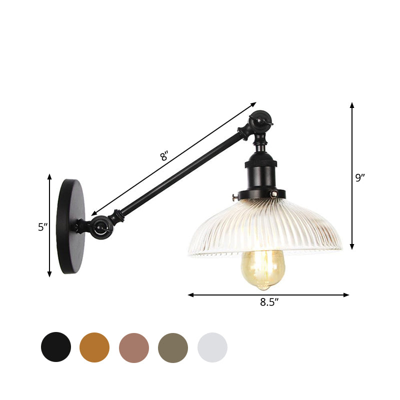 Black/Bronze/Brass 1 Light Wall Mounted Light Vintage Clear Ribbed Glass Domed Sconce, 8"/12" L Arm Clearhalo 'Wall Lamps & Sconces' 'Wall Lights' Lighting' 521127