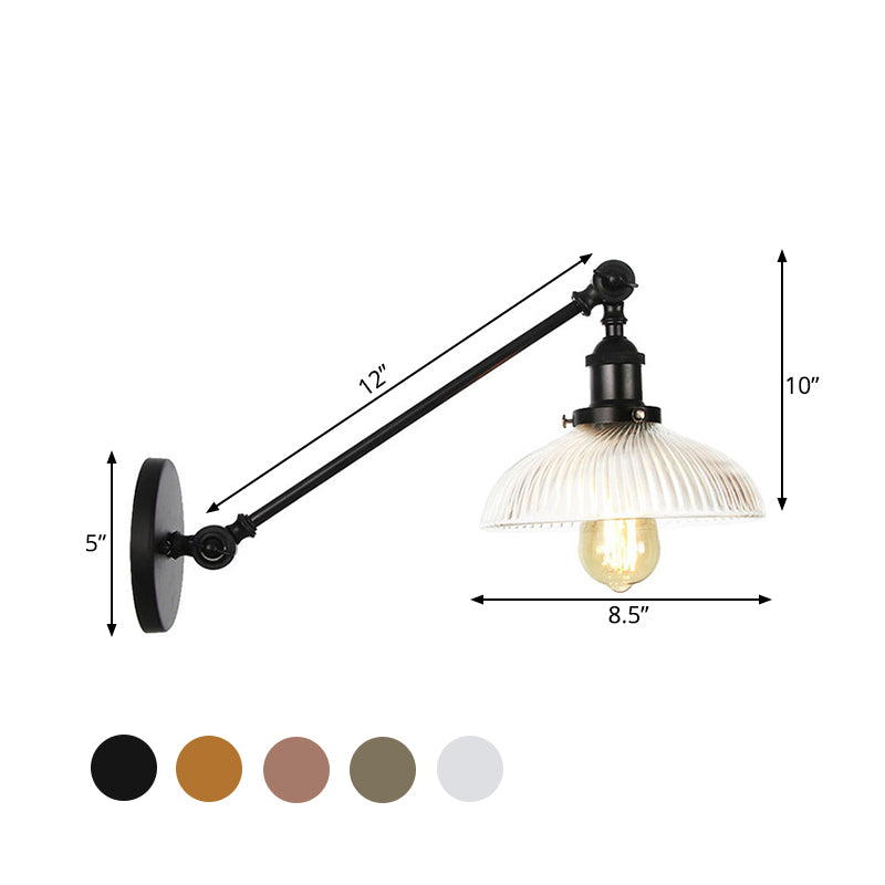 Black/Bronze/Brass 1 Light Wall Mounted Light Vintage Clear Ribbed Glass Domed Sconce, 8"/12" L Arm Clearhalo 'Wall Lamps & Sconces' 'Wall Lights' Lighting' 521130